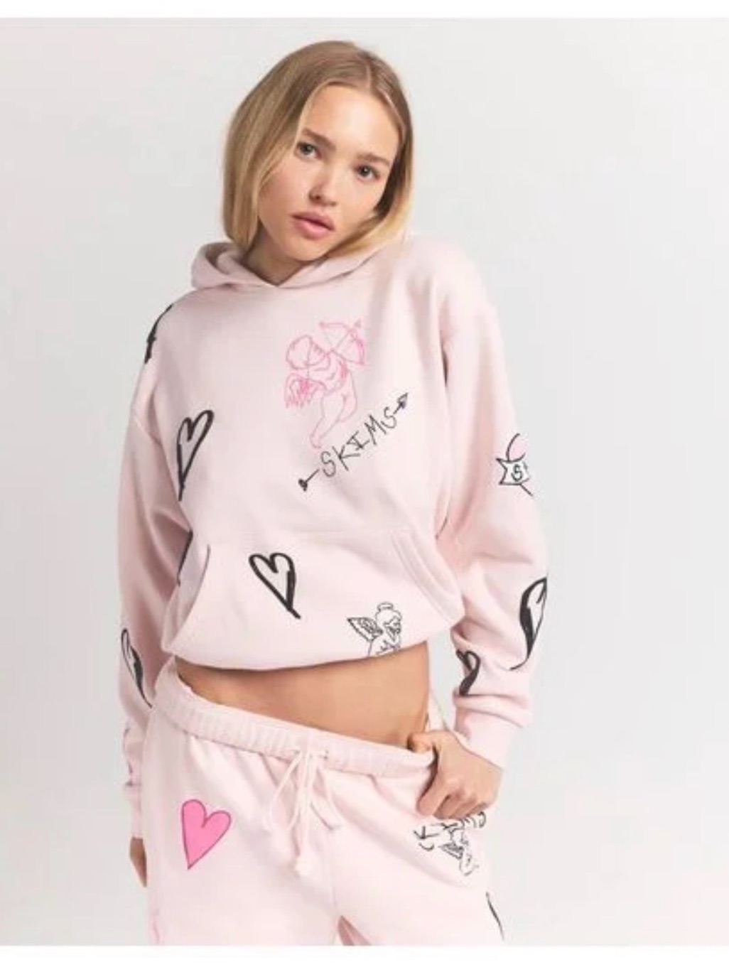 Skims Light Pink Cupid & Heart Graphic Hoodie Sweater